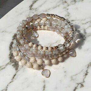 Elegant Multi-LayerBeaded Stretch Bracelet With Teardrop Charms 7" Circumference